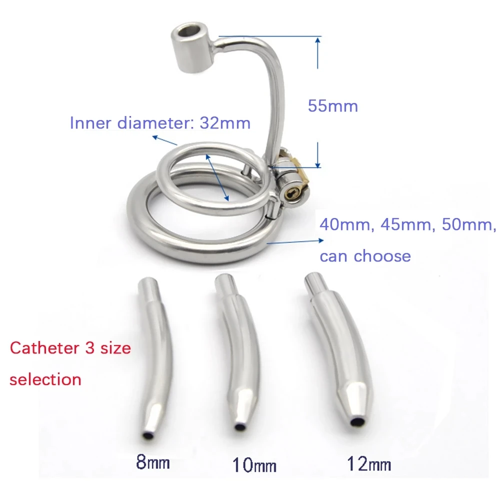 Male Chastity Cage Stainless Steel with 8/10/12 Mm Urethral Catheter Penis Lock Penis Ring Device Men\'s Adult Erotic Sex Toys