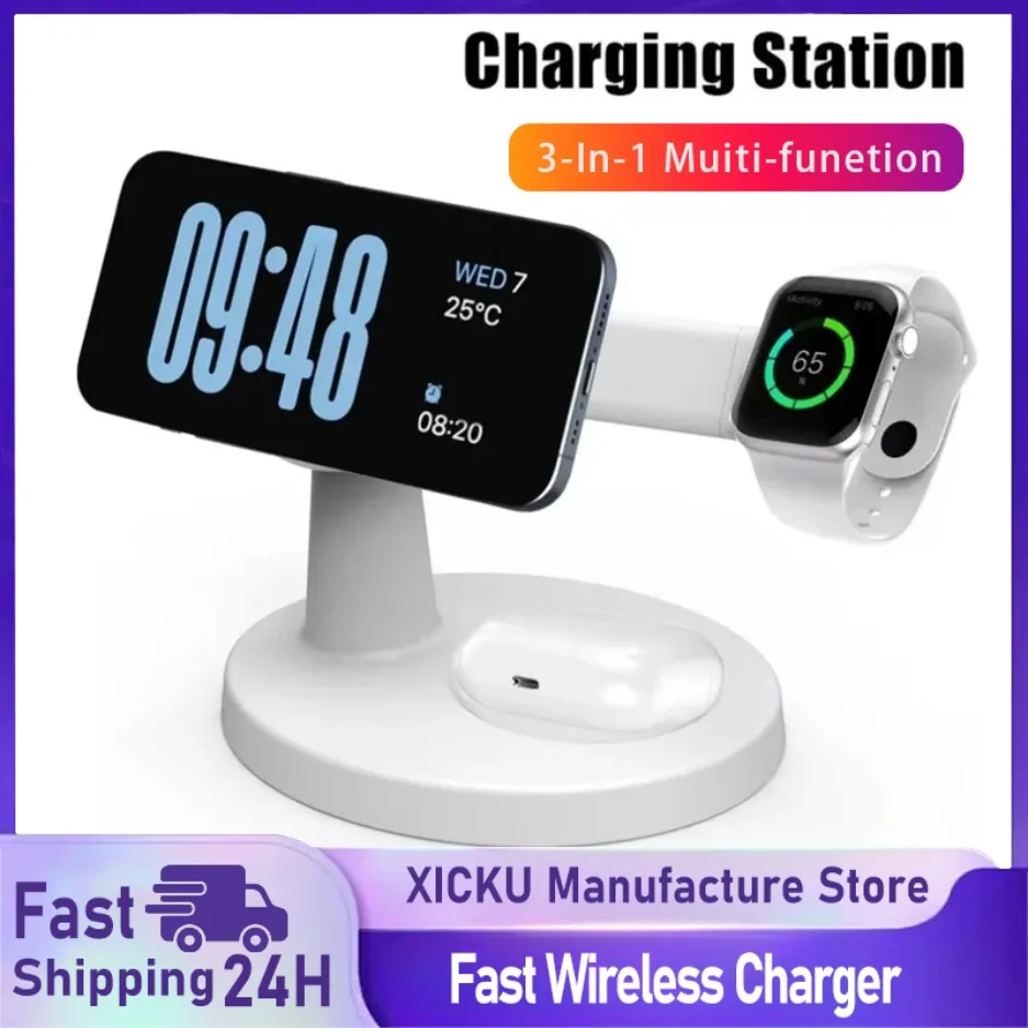 

Магнитная подставка для беспроводного зарядного устройства 3 в 1 для Magsafe iPhone 13 14 15 16 Pro Max Apple Watch 8 9 AirPods Pro Станция быстрой зарядки