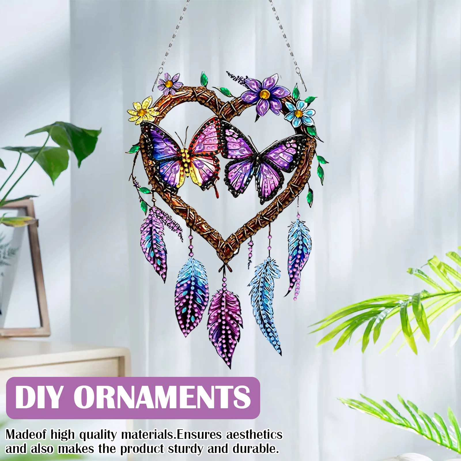 

2D Flat DIY Diamond Painting Art Pendant Window Hanging Butterfly Dream Catcher (C)
