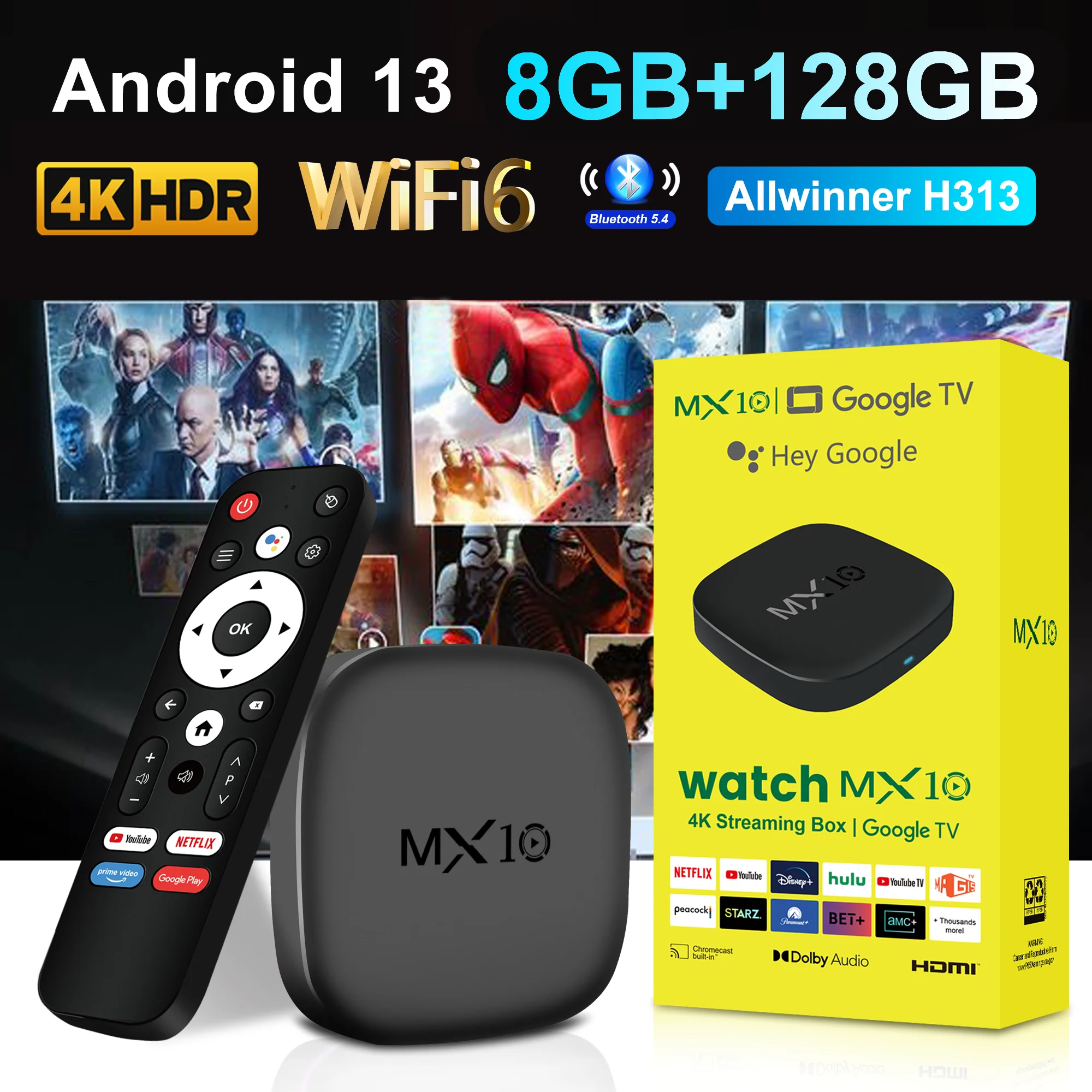MX10‑M4 Android13 Smart Box Allwinner H313 8GB RAM 128GB ROM WiFi6 BT5.4 HDMI2.1 4K UHD IR BT Voice Remote Playback Box