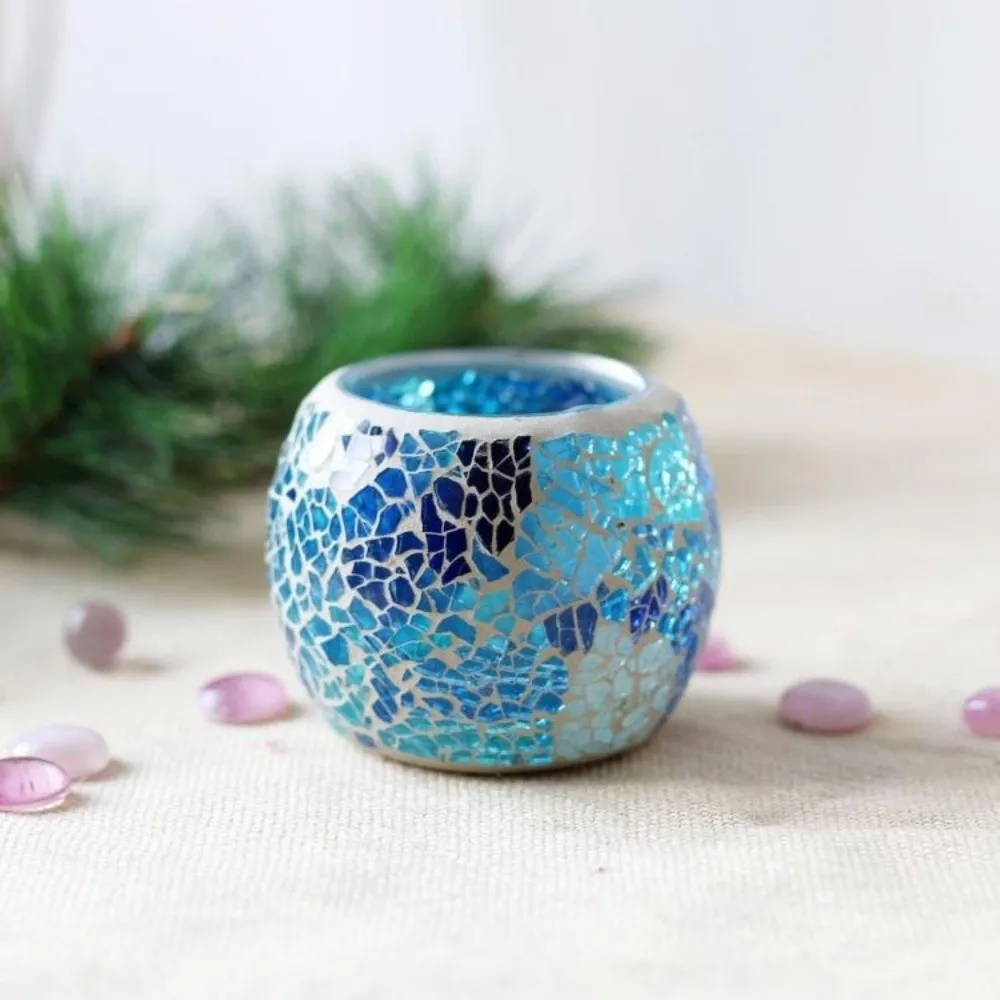 Round Bowl Shape Mosaic Glass Candle Holder Yellow Glass Material Votive Candle Holder 3.35x2.76in Handmade Candle Holder