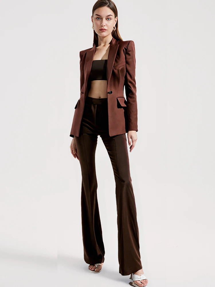 Festival Outfit Women Brown Jacket Pantsuits 2024 New Flared Pants Slim Fit 2Piece Set Womens Office Pants Set High Quality