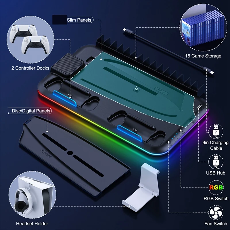 S2000 RGB Vertical Stand For New Playstation 5 Slim/Playstation 5 Cooling Station Notebook-Grade Cooler PS5 Charger Easy Install