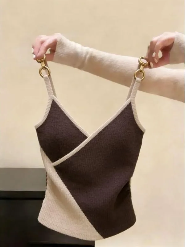 

Summer New Women's Sleeveless Knitted Slim Fit Vest Color Block Design V-Neck Casual Wear Outerwear Base Top Fashionable