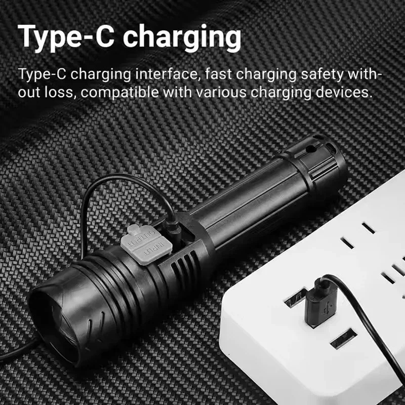 Super Bright LED Flashlight USB Rechargeable Tactical Torch with Display Light Zoomable Lantern for Camping Fishing Emergency