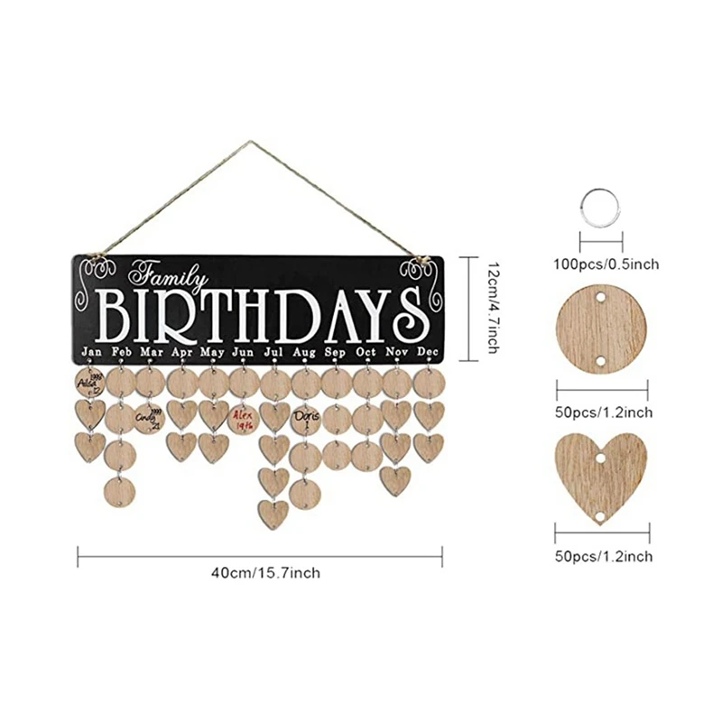 Birthday Reminder Calendar DIY Wooden Family Birthday Board For Mom Dad Friend Gifts With Round & Heart Wood Tags