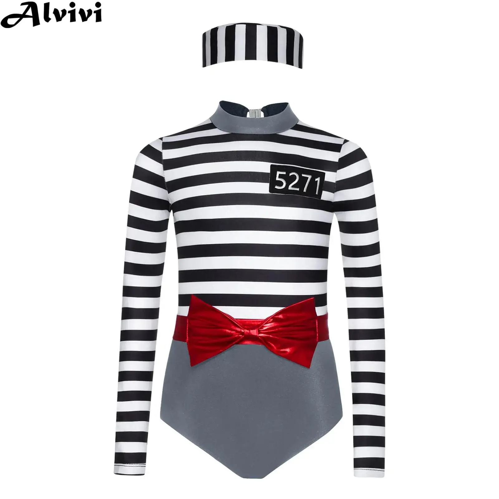Children Girls Long Sleeve Striped Prison Jailbird Bodysuit with Belt Convict Cap Halloween Prisoner Criminal Cosplay Costume
