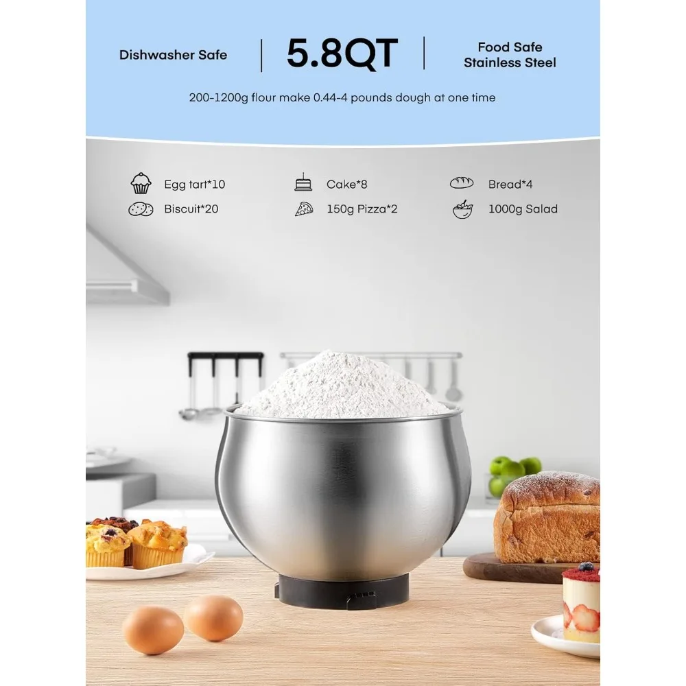 Misturador Doméstico Elétrico De Aço Inoxidável, Misturadores De Massa De Cozinha Tilt-Head, Stand Mixer, Máquina de lavar louça segura, Velocidades 6 + P, 5.8QT