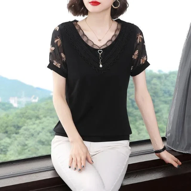 Summer Women\'s Clothing Crew Neck Pullover Lantern Short Sleeve Rivet Printing Lace Patchwork T-shirt Casual Elegant Tops