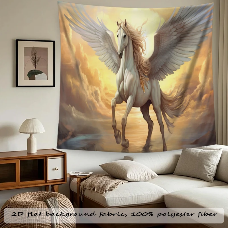 1PC Digital Print Tapestry Wall Hanging, White Pegasus Horse Golden Clouds Sky, Mythical Fantasy Magical Creature Wall Decor