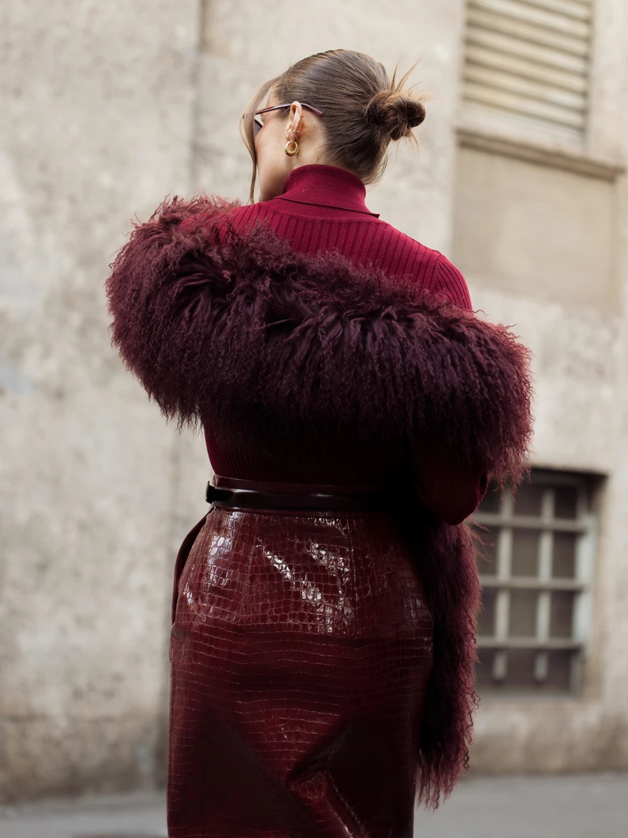 Women's Burgundy Faux Leather Jacket Fluffy Fur Collar Oversized Zip Up Winter Warm Elegant Luxe Chic Streetwear