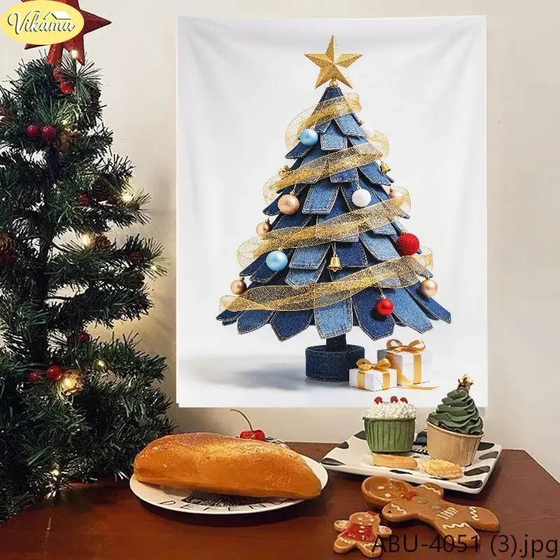 VIKAMA Denim Patchwork Christmas Tree Tapestry, Wall Hanging for Bedrooms and Living Rooms, Festive Christmas Home Decor