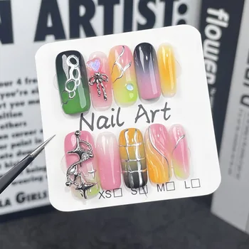 10pcs Ins Hot Girl Handmade Fake Nails Y2k Colorful Gradient Press On Acrylic Nails Long Ballet False Nails with 3D Stars Decor