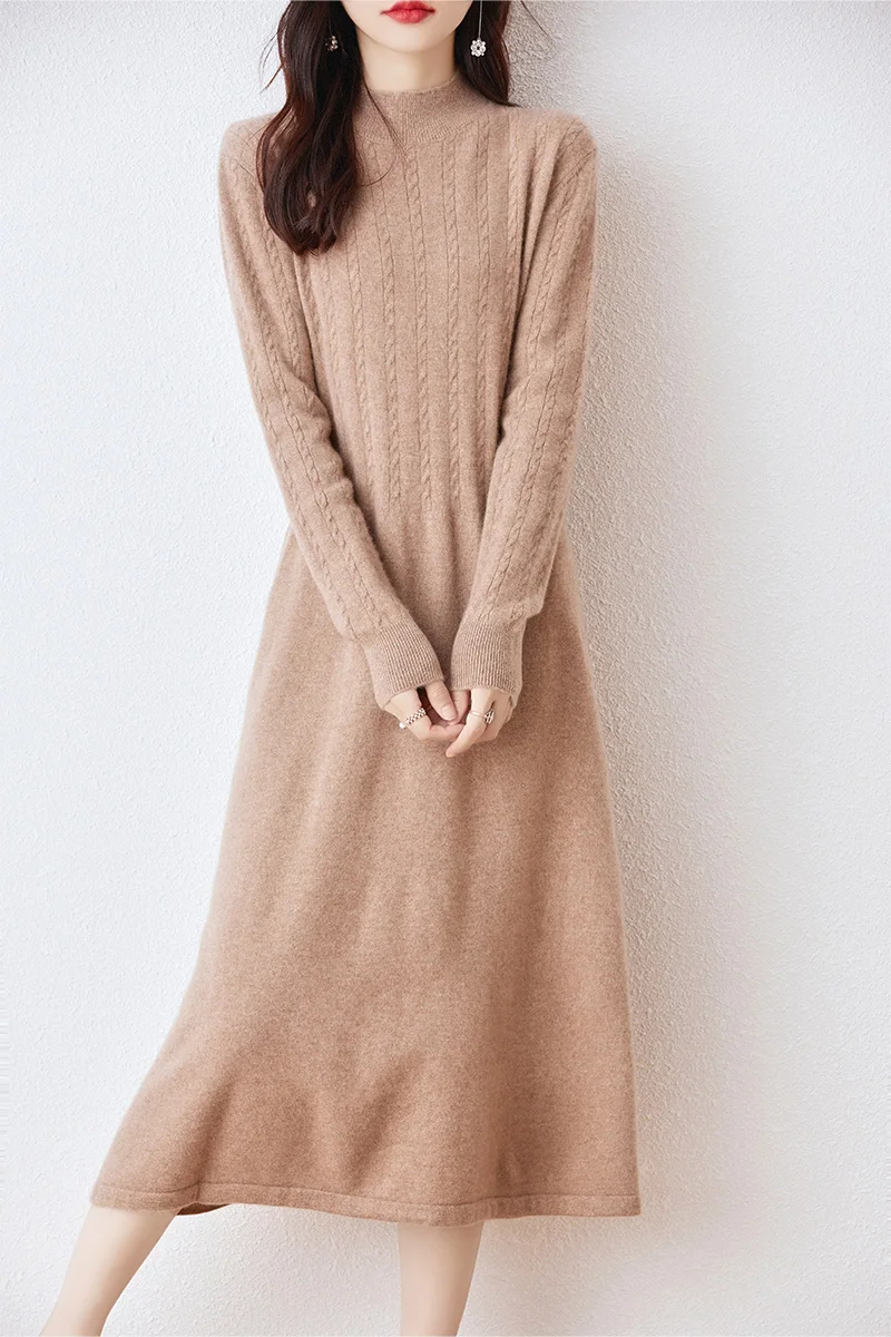 

100% Merino Wool Traf Official Sweater Round Neck Cable Flower Long Dress 2023 Autumn And Winter New Women's Clothing