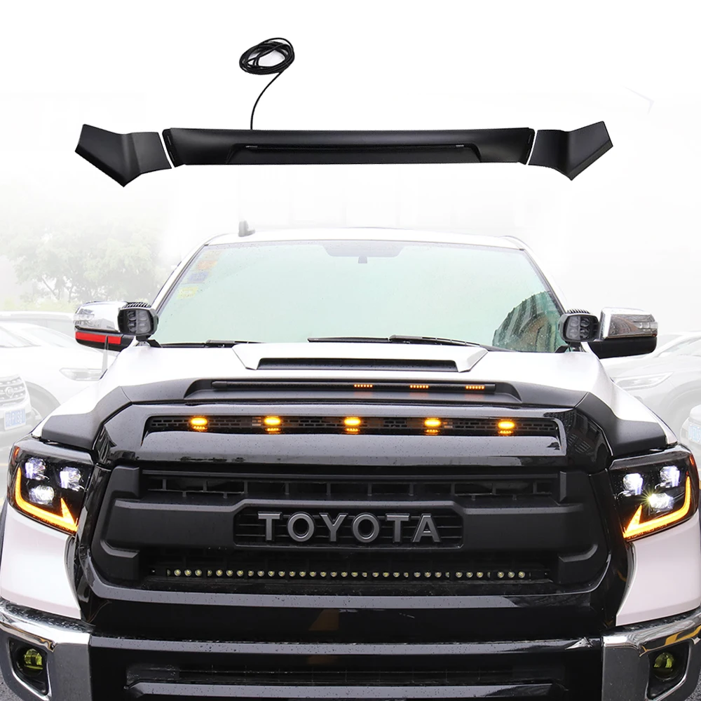 OVOVS Black Car Bonnet Plastic Cover Protector With LED Lights Front Bug Shield Hood Deflector Guard For 2014-2021 Toyota Tundra