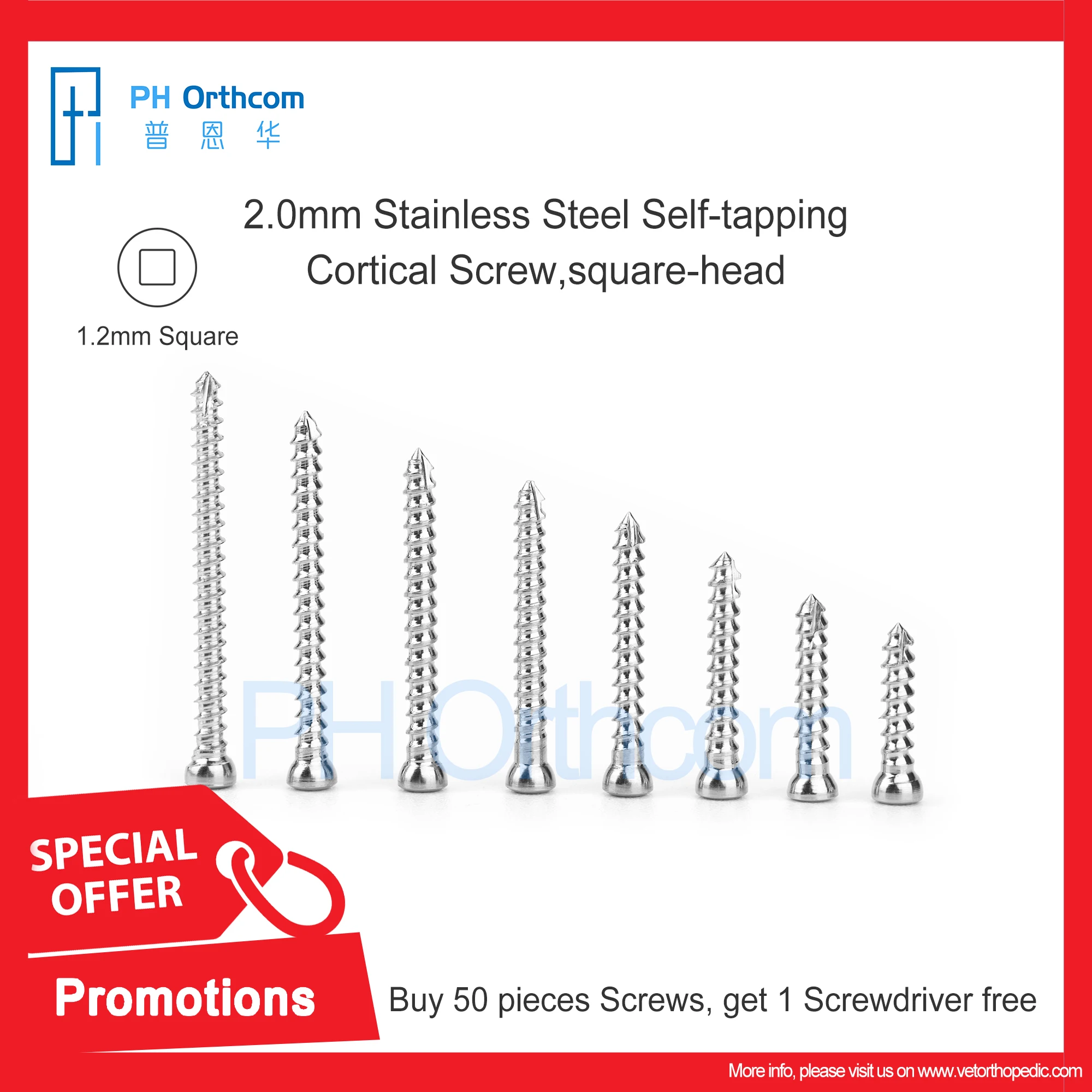 Buy Fifty Pieces Screws, Get One Screwdriver Free! Act Now! 2.0mm Stainless Steel Self-tapping Cortical Screw Square-head