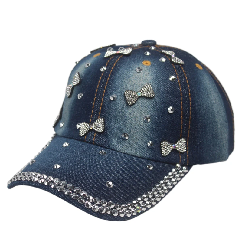 Fashion Women Baseball Cap Bling Stars Rhinestone Denim Cap Adjustable Strap Jean Snapback Hat Distressed Brim