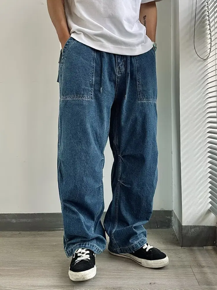 Retro American Washed Men's Jeans Workwear Loose Wide Leg Pants Dad Jeans Multi Pocket Casual Trousers for All Ages