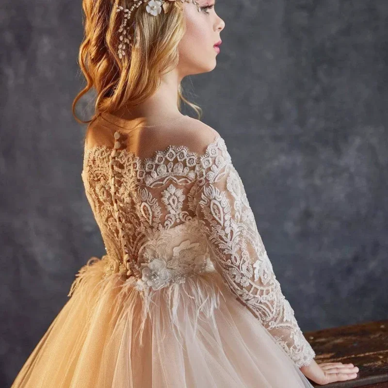 Flower Girl Dresses Champagne Tulle Puffy White Pattern Appliques Long Sleeve For Wedding Birthday Party Banquet Gown Customized