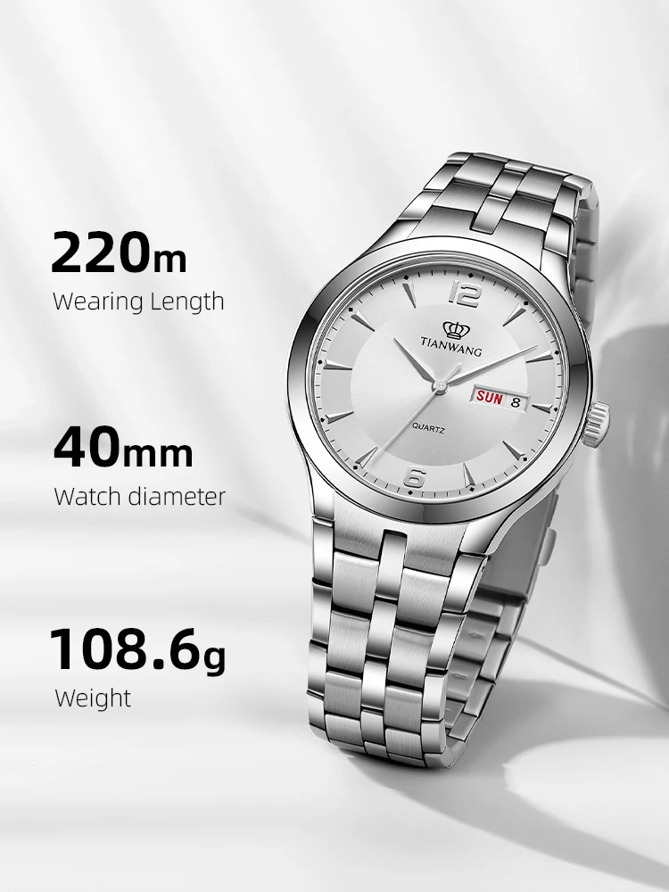 TIAN WANG Fashion Men\'s Quartz Watches 40mm Simple Casual Stainless Steel Waterproof Wristwatch with Dual Calendar Gift For Men