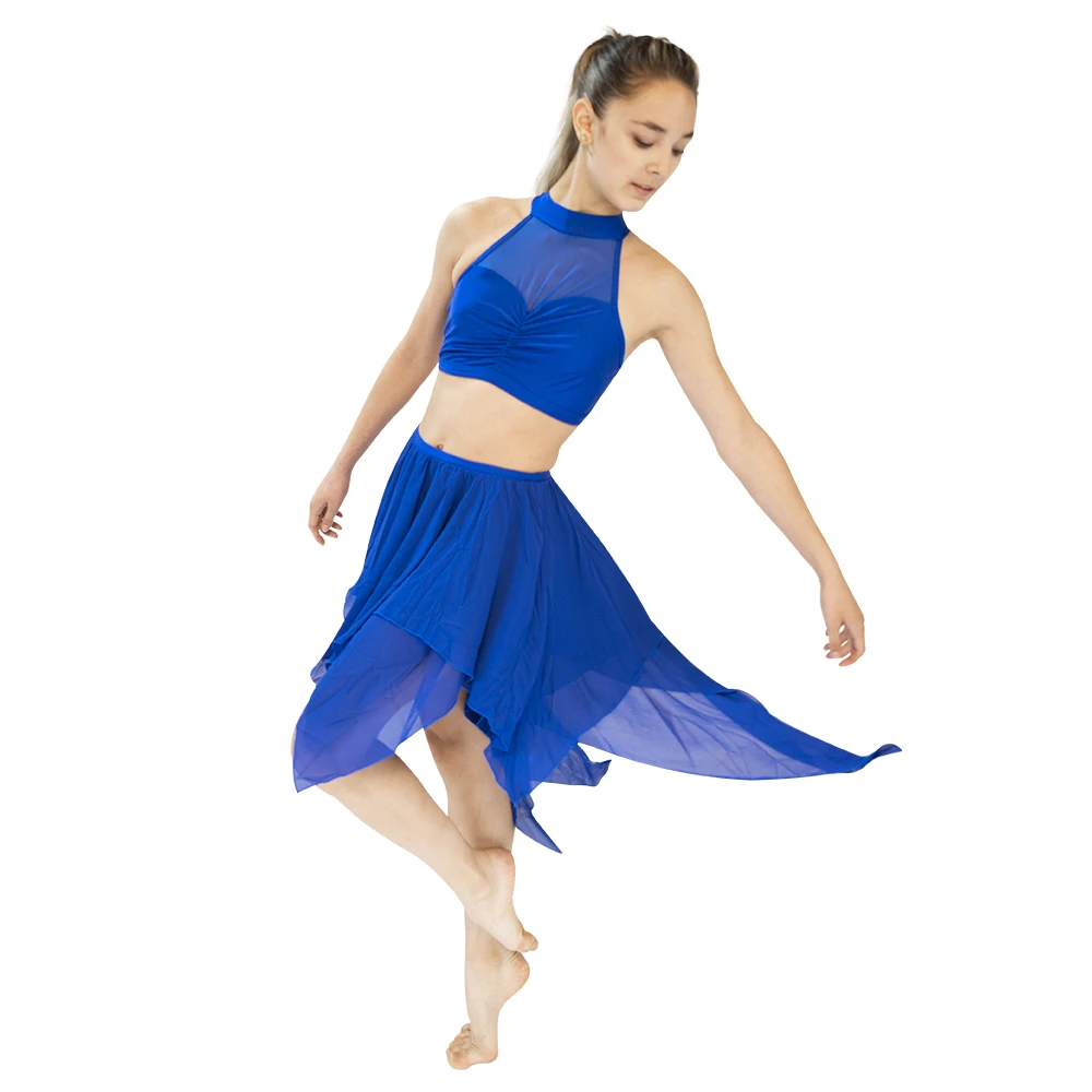 Royal Blue NylonLycra Mesh Dance Crop Top Chiffon Uneven Skirts Performance Dance Costume for Ladies and Girls 13 Sizes