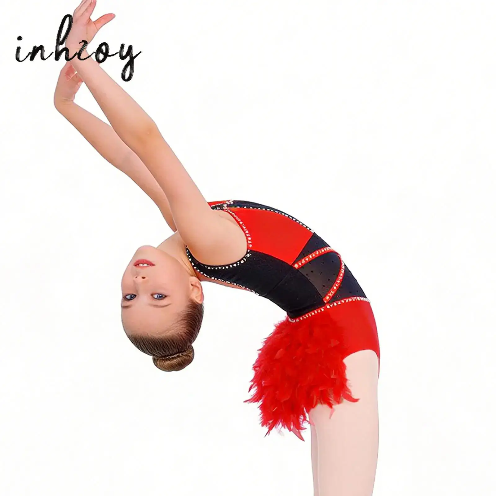 

Kids Girls Feather Gymnastics Leotard Dress Rhinestones Figure Skating Rhythmic Rumba Latin Dance Cha-Cha Bodysuit Dancewear