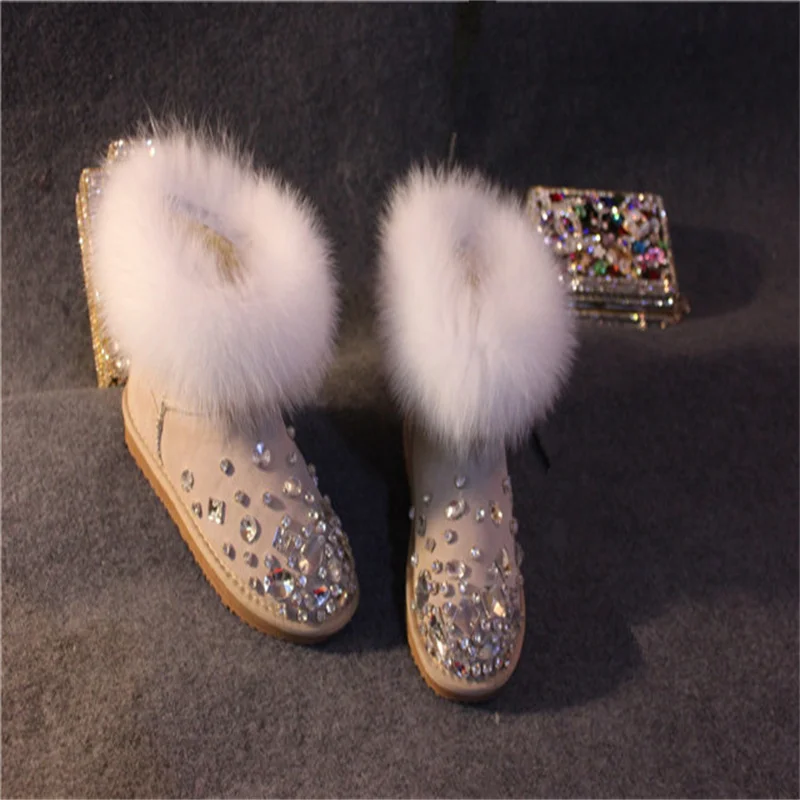 Fox sand color full drill handmade snow boots fur in one cylinder banquet wedding women's large size cotton shoes 35-44