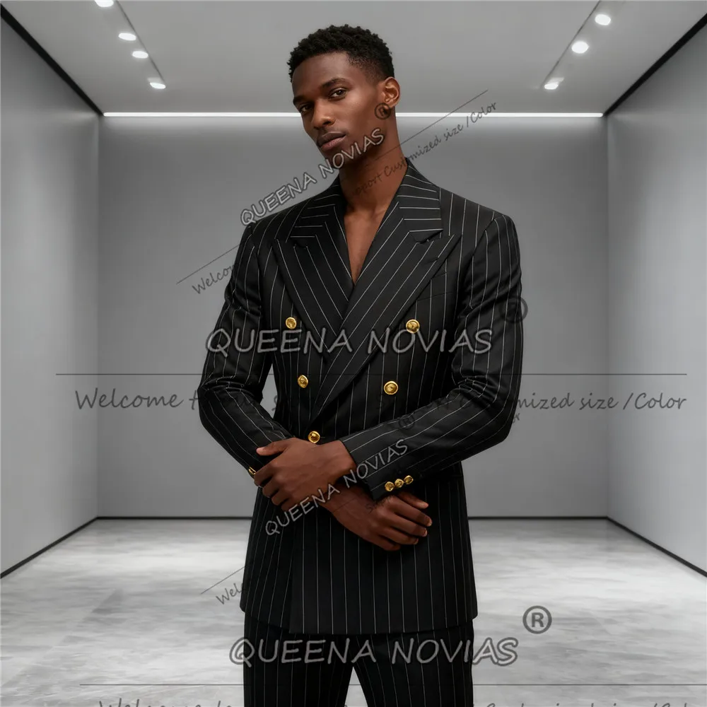 

Black Stripes Suit Men 2 Pieces Sets Double Breasted Jacket Pants Customized Man Banquet Business Attire Outfits Groom Tuxedos