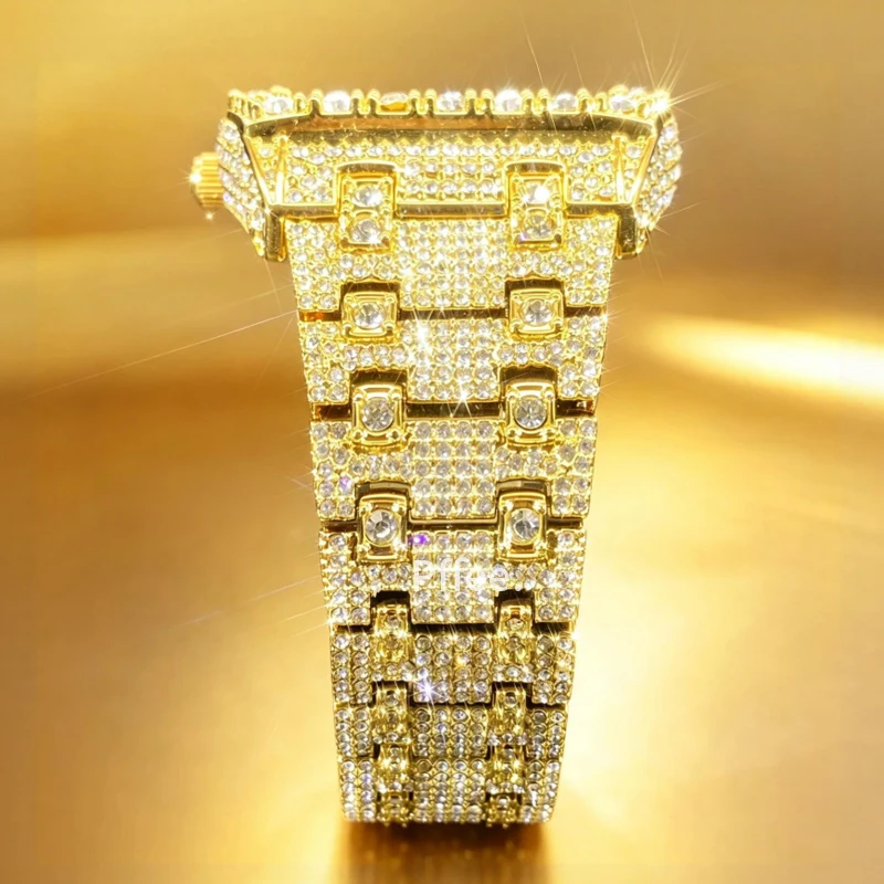 Pffee High Quality Gold Luxury Watch For Men Hip Hop Diamond Quartz Watch Tonneau Silver Fashion Iced Out Clock Man Gift