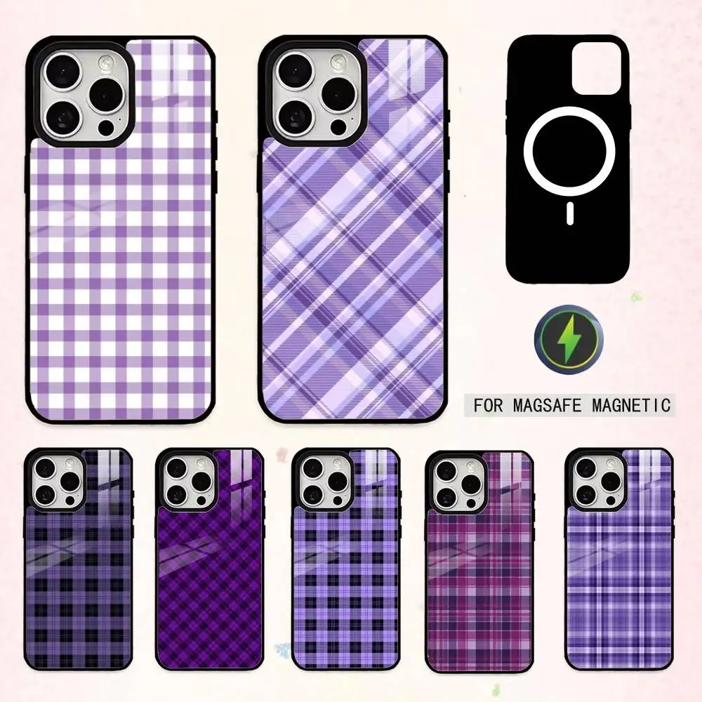 

Cool P-Purple P-Plaid Pattern Phone Case For iPhone17,16,15,14,13,12,11 Plus,Pro Max Magnetic For Magsafe Wireless Charging