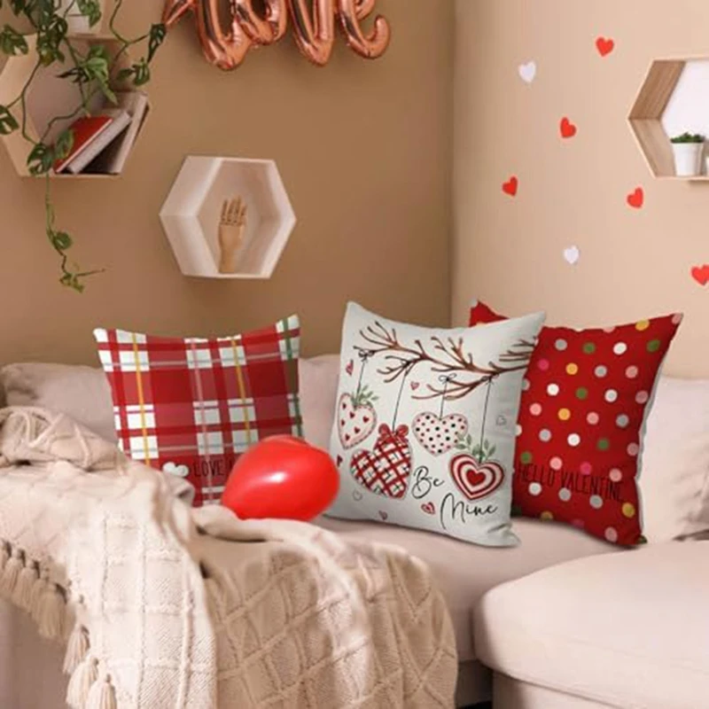 Valentines Day Pillow Covers, Valentines Decor Polka Dots Red Hearts Striped Love Decorative Pillowcases For Home Decor 45X45cm
