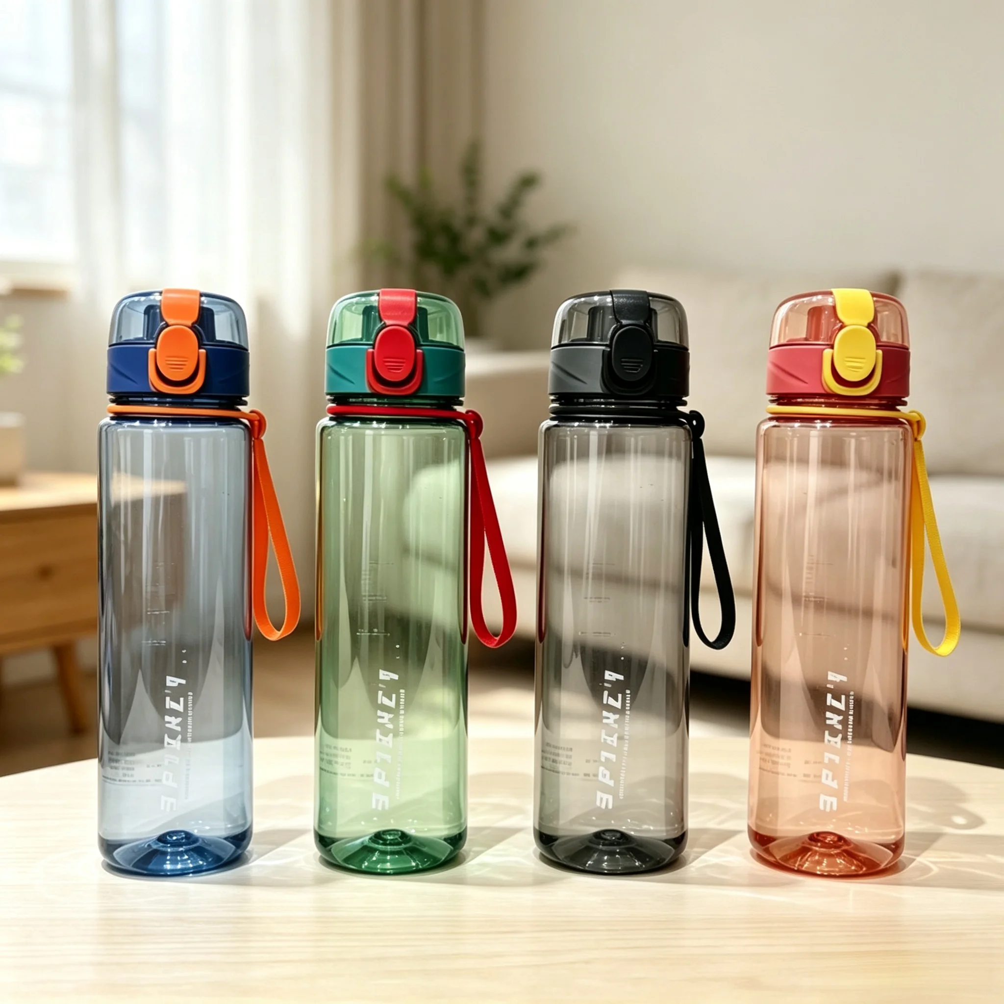 Transparent Sports Plastic Water Bottle, One‑Click Flip Lid Leakproof Drinking Cup with Carry Lanyard for Fitness Travel Outdoor