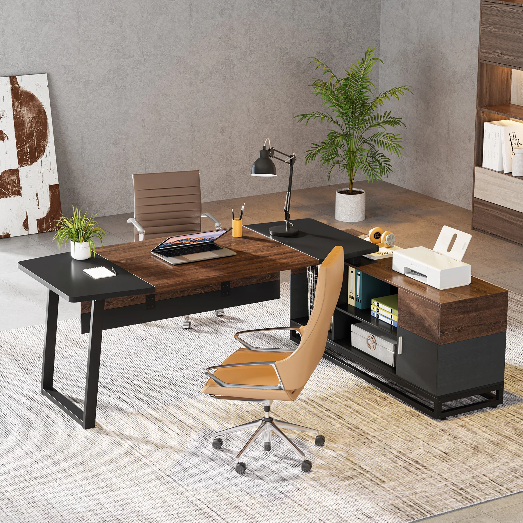 Tribesigns L Shaped Computer Desk with Cabinet, Large Office Desk with Storage Shelves, Business Furniture Set Workstation