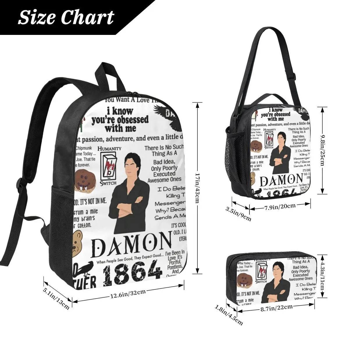 The Vampire Diaries Damon Salvatore TV Series Backpack BookBag School Bag Shoulder Bags 3ps Insulated Lunch Bag Pencil Case