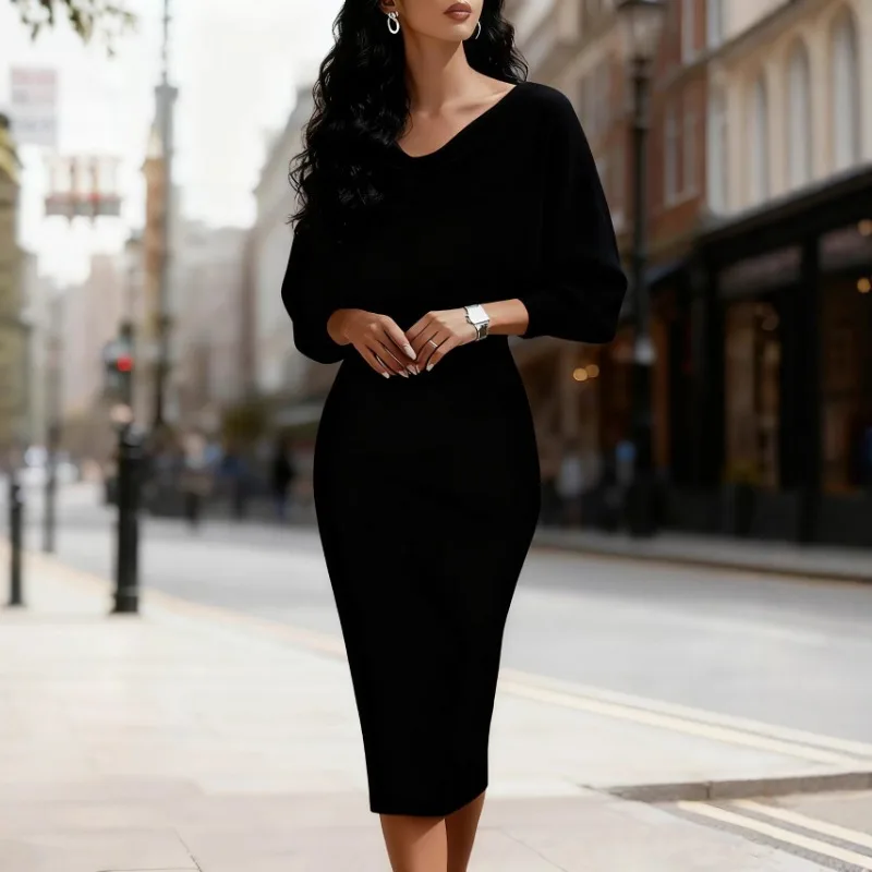 Spring Autumn Casual Loose O Neck Bat Long Sleeve Women's Short Dress Fashion Waist Bag Hip Elegant Woman Office One Step Dress