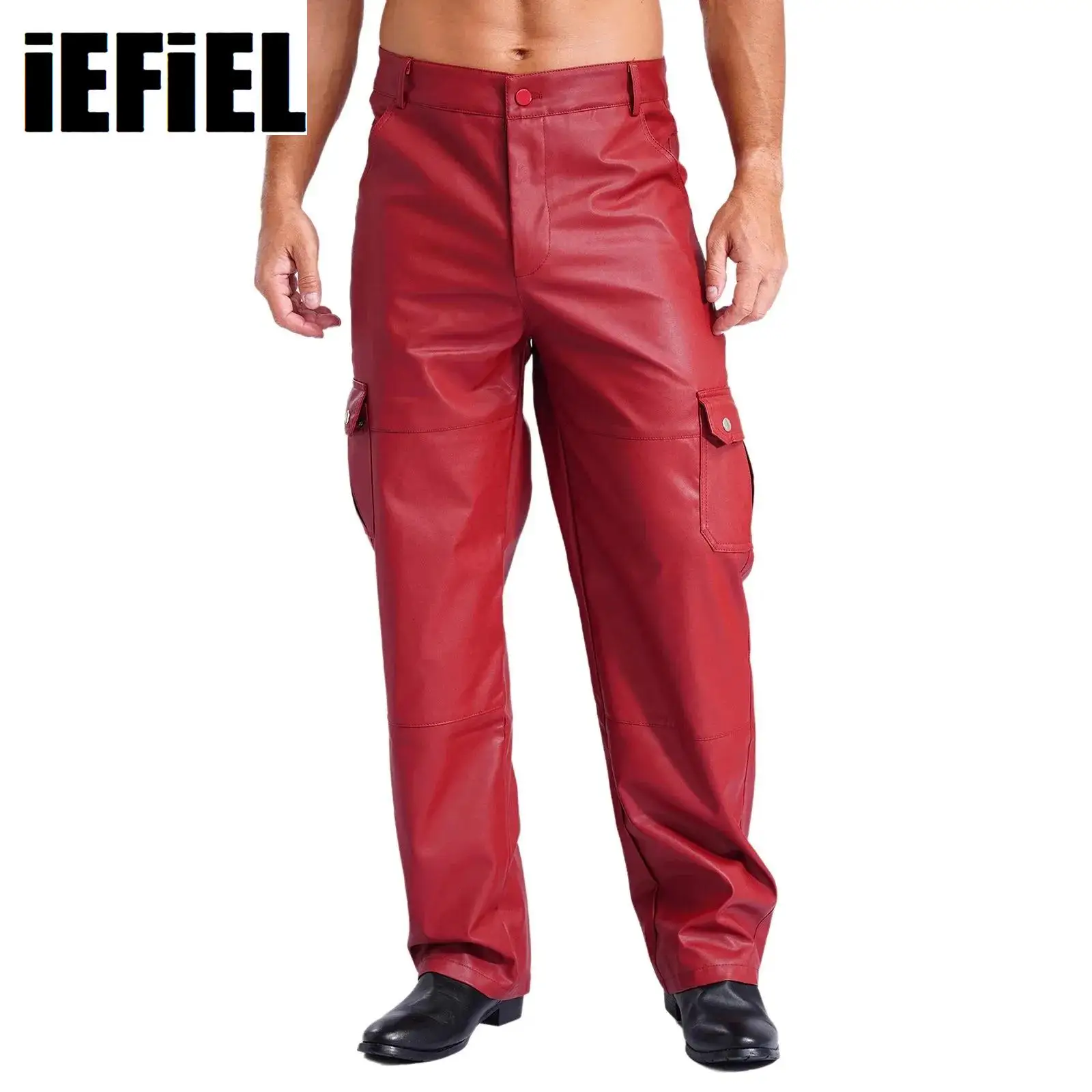 

Mens Stylish PU Leather Pants Multiple Pockets Smooth Lining Trousers Motorcycle Over Pants for Daily Wear Music Party