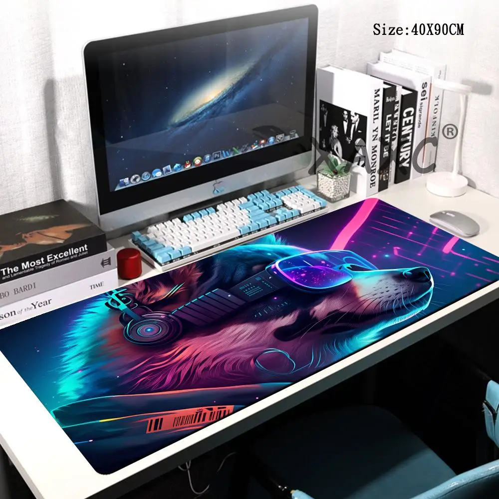 

HYBXAXC Neon Wolf Dog Animal Print Mouse Pad, Thickened Waterproof Gaming Desk Mat, Creative Computer Desk Pad