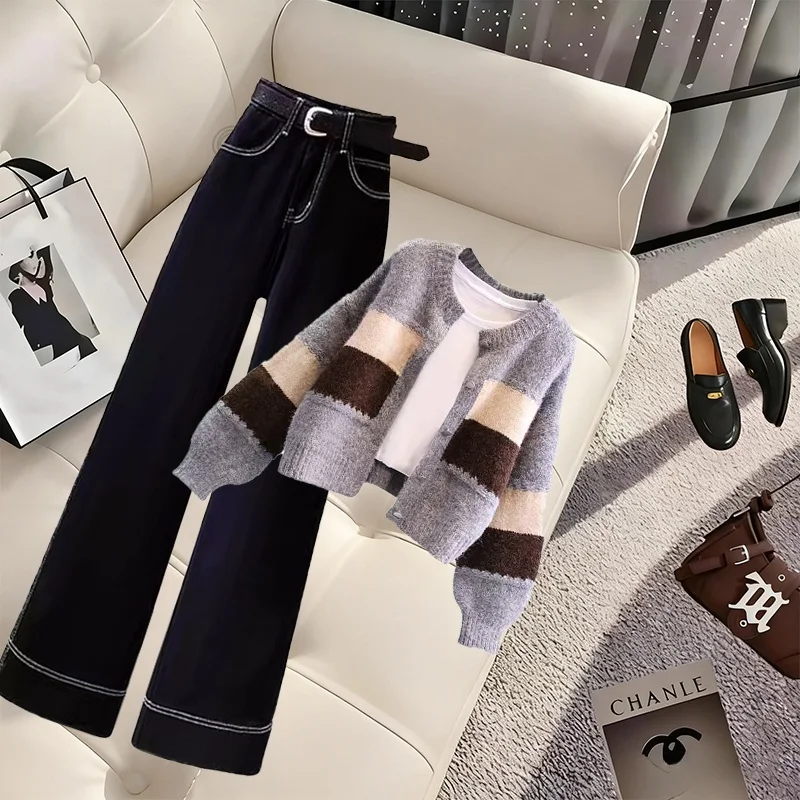 

Loose Sweater Jacket Women's T-Shirt Straight Retro High Waist Jeans Three-Piece Set Autumn Winter Fashion Commute Style
