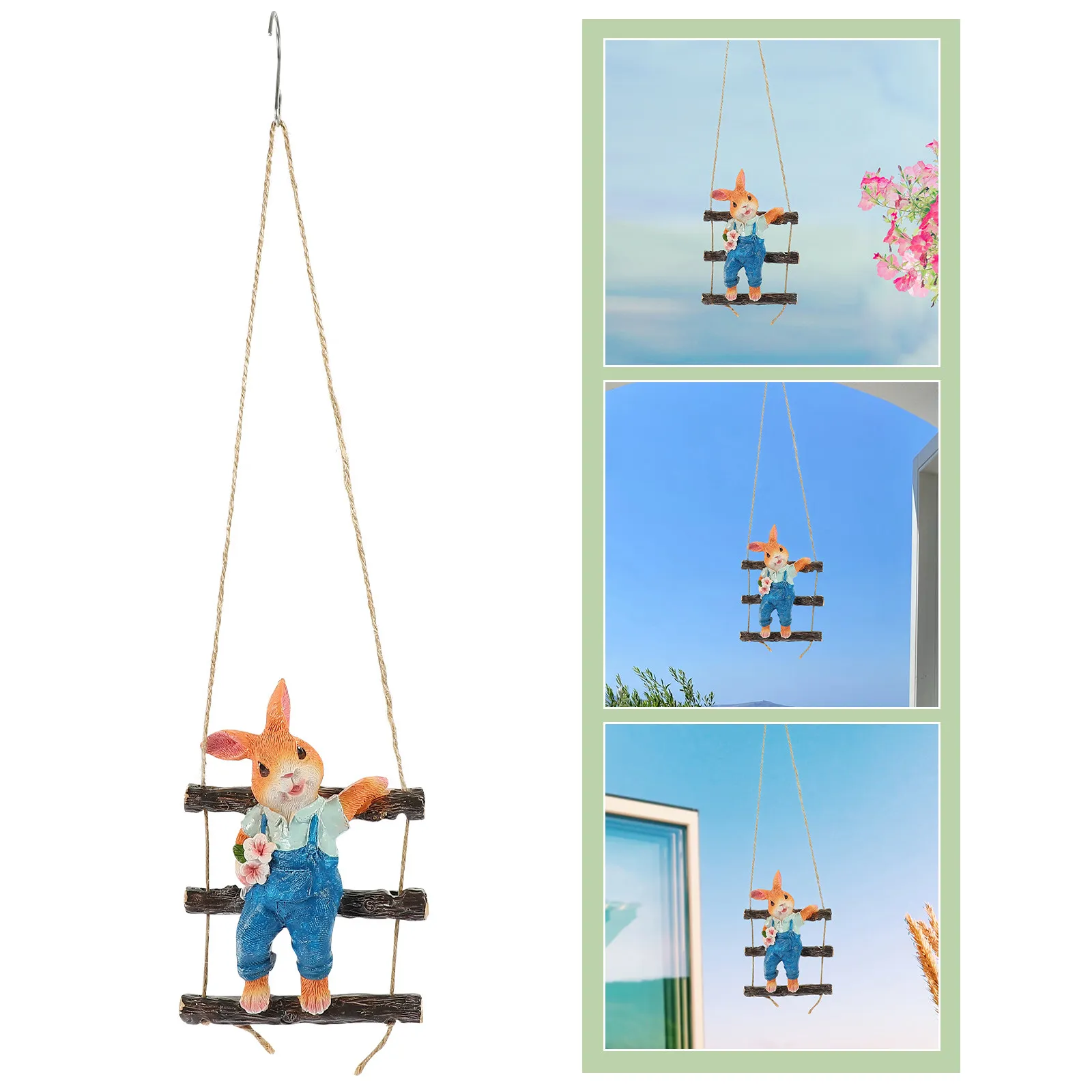 1Set Resin Hanging Rabbit Decor Garden Pendant Rope Ladder Indoor Outdoor Hanging Decoration Easter Spring Festival Yard