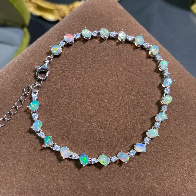 s925 Silver Natural Opal Bracelet for Women 4x4mm Vintage Classic Luxurious Elegant Dinner Party Jewelry