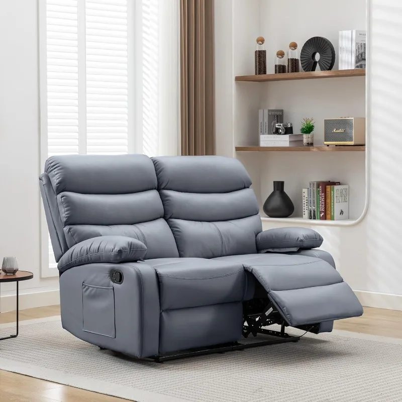 Loveseat Recliner Sofa, Small Sofa Couch, PU Leather Reclining Sofa 2-Seater Manual Double Seater Recliner with Side Pockets