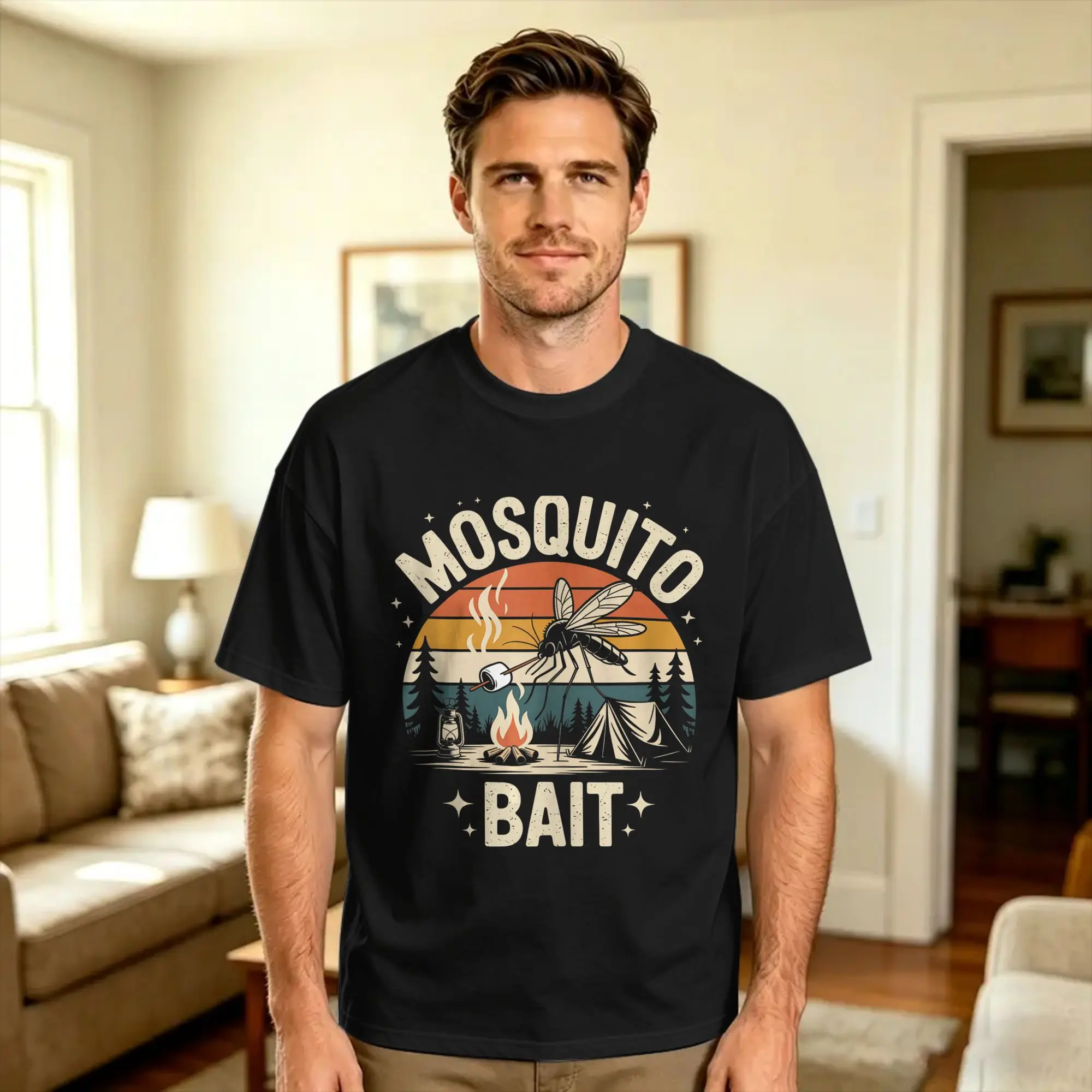 Men's Camping Mosquito Bait Campfire in Retro Sunset Camper Summer T-Shirts  Cotton Tees Summer Y2K Fun Short-Sleeve T Shirt