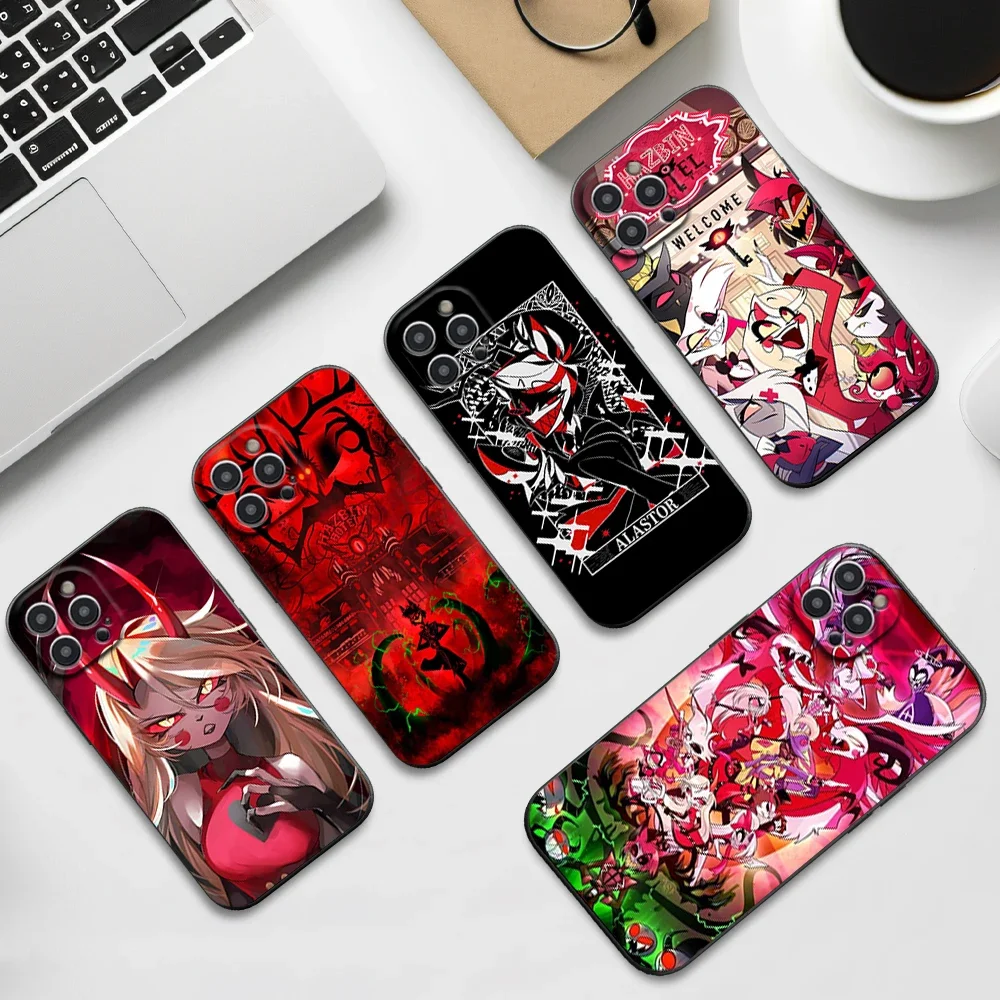 Cartoon H-Hazbin H-HotelS Phone Case For iPhone 16 11 12 13 14 15 Pro Max Plus Black Soft Shell