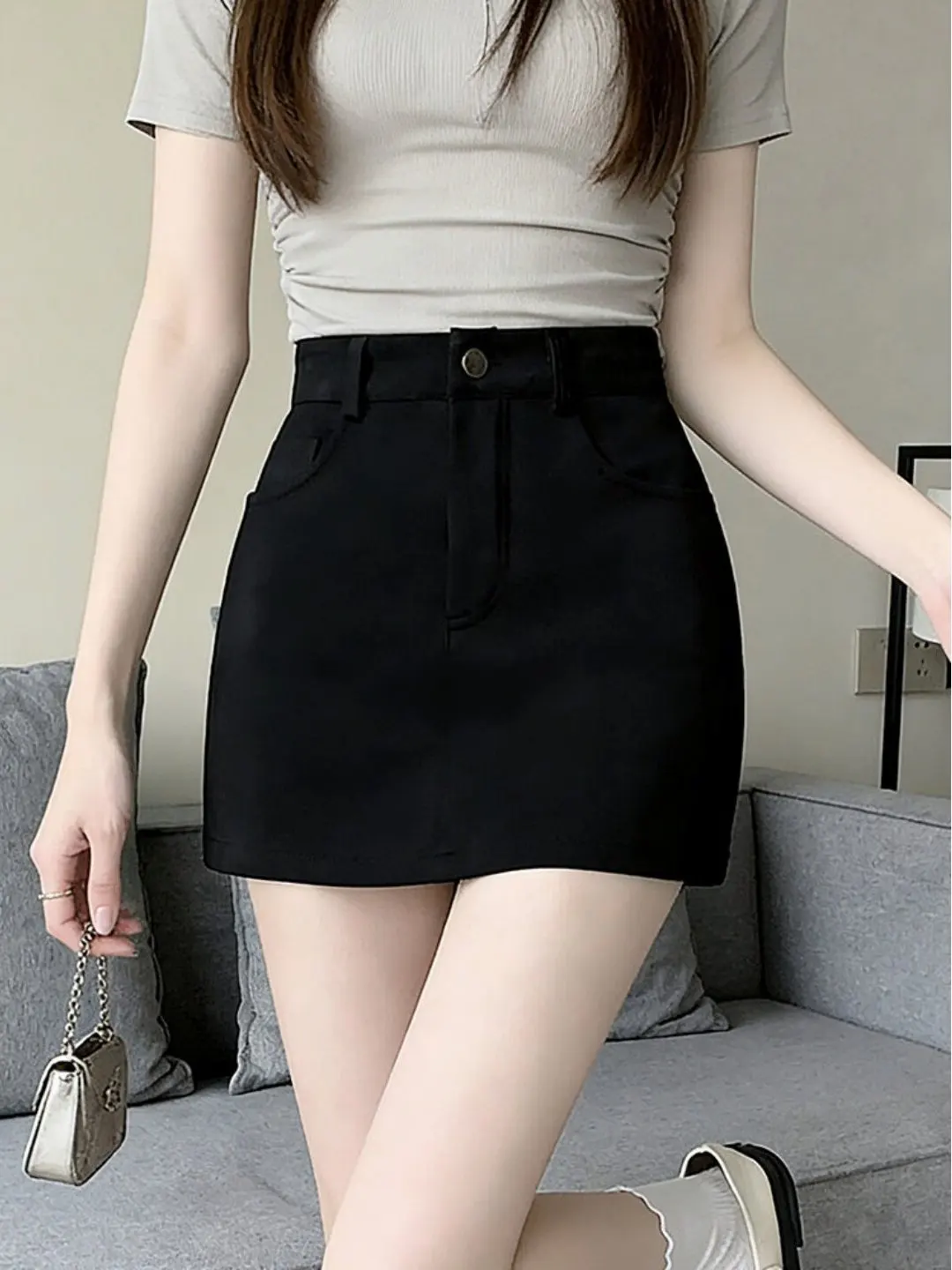 Khaki Short Skirt Pants Women's High Waist A-Line  Skirt Pants Leg Lengthening Effect Youth Casual Pure Color Spring Autumn