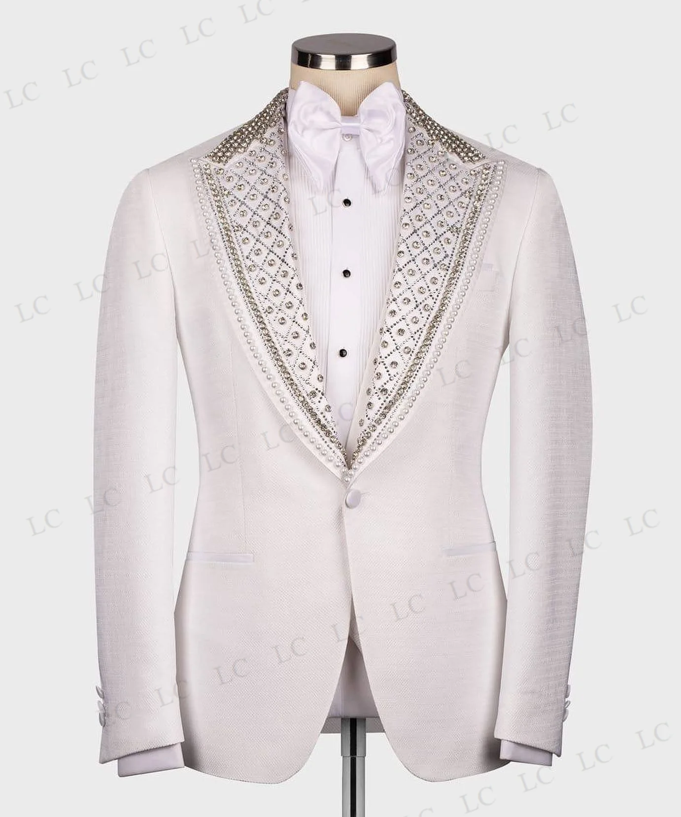 

Beaded Luxury Men Suits 2 Pieces Blazer Vest One Button Crystals Diamonds Tuxedo Slim Wedding Groom Plus Size Costume Homme