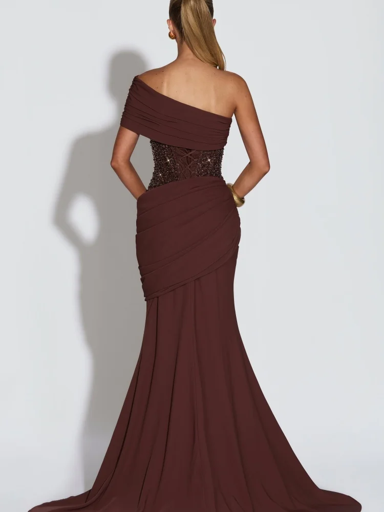 Elegant Solid Shiny Splicing Maxi Dress Women Fashion Slanted Off Shoulder Sleeveless Slim Fit Robe New Lady Evening Party
