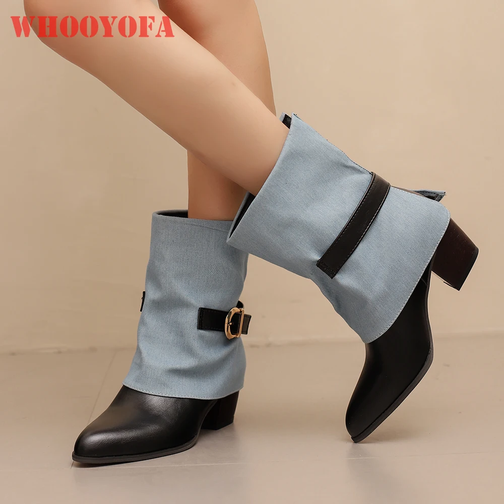 

2025 New Winter Comfortable Black White Women Mid Calf Boots Hot High Block Heel Lady Dress Shoes Plus Big Size 10 43 45 48