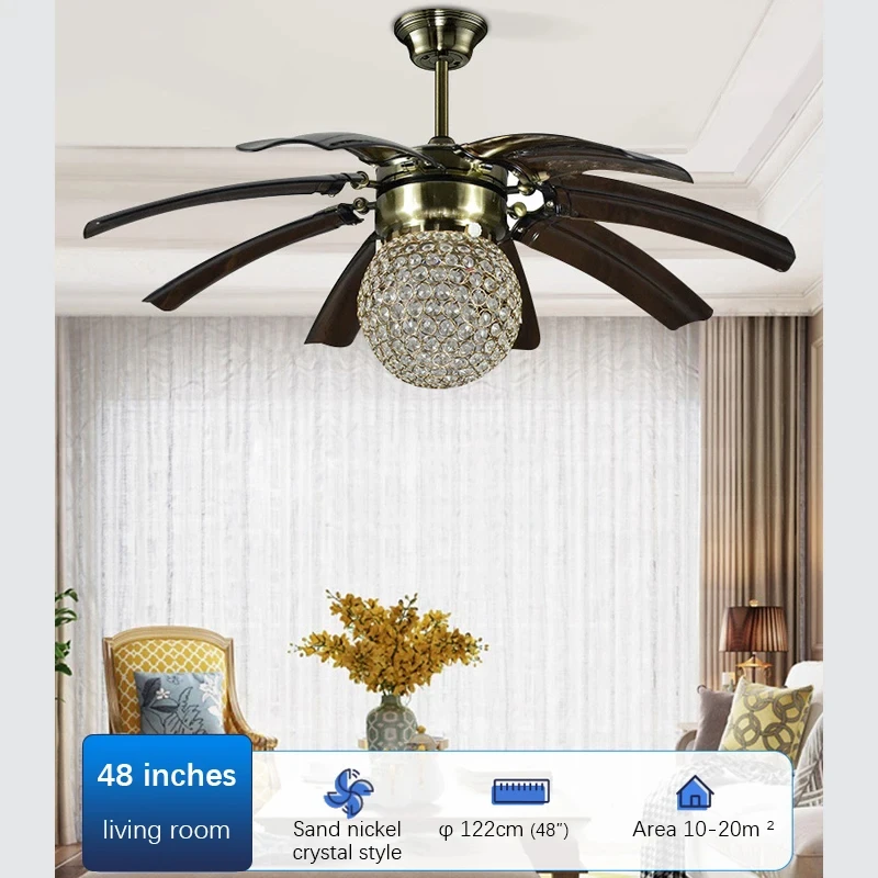 Strong wind American retro crystal fan with LED lights for hotel bedrooms dining rooms living rooms with remote control