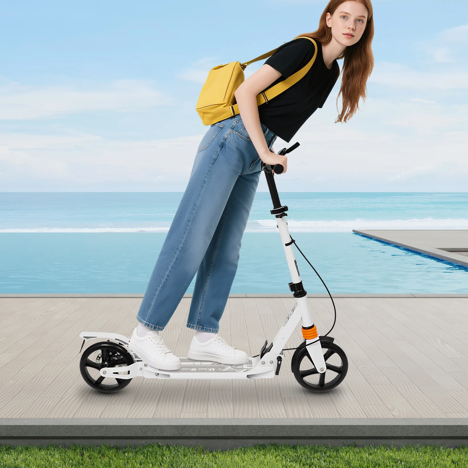 Patinete plegable de doble freno de 220 libras, patín ajustable en altura de 3 niveles con cubierta antideslizante para uso en adolescentes y adultos