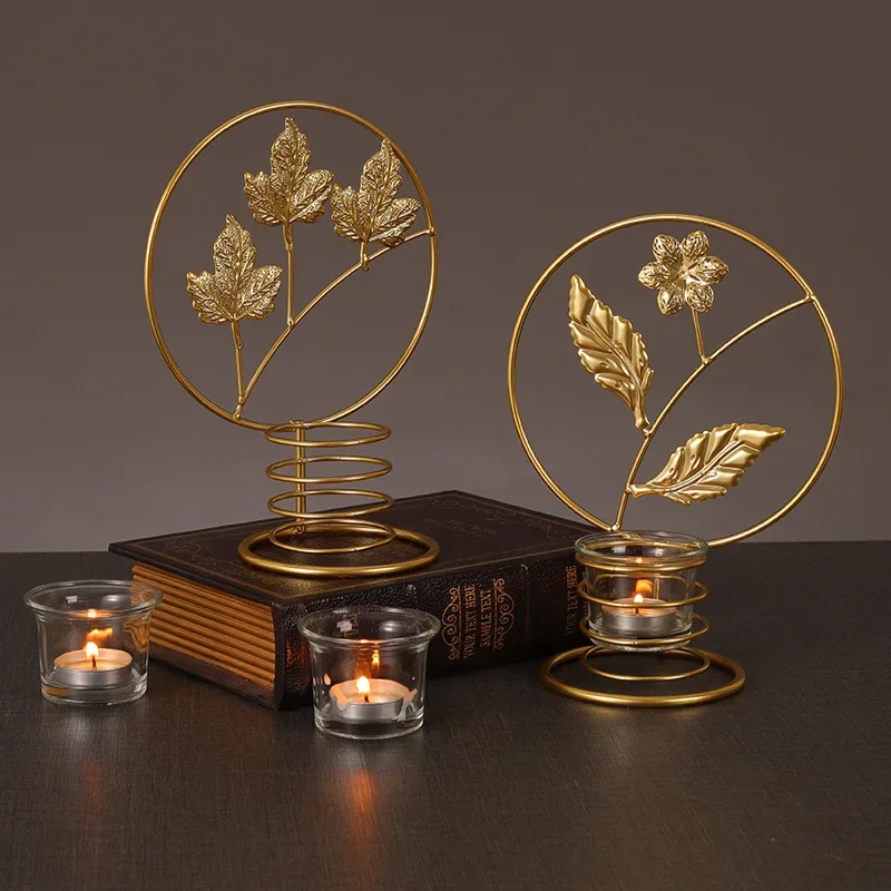 

Nordic wrought iron candlestick ornament, golden leaf ornament, home dining room, living room tabletop ornament, scented candle